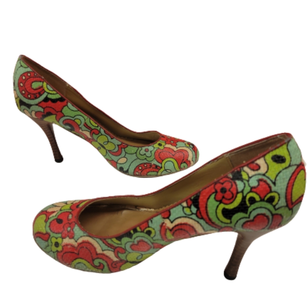 Naughty Monkey Floral Pin Up Pump Heels Multi Color Green Red Size 10